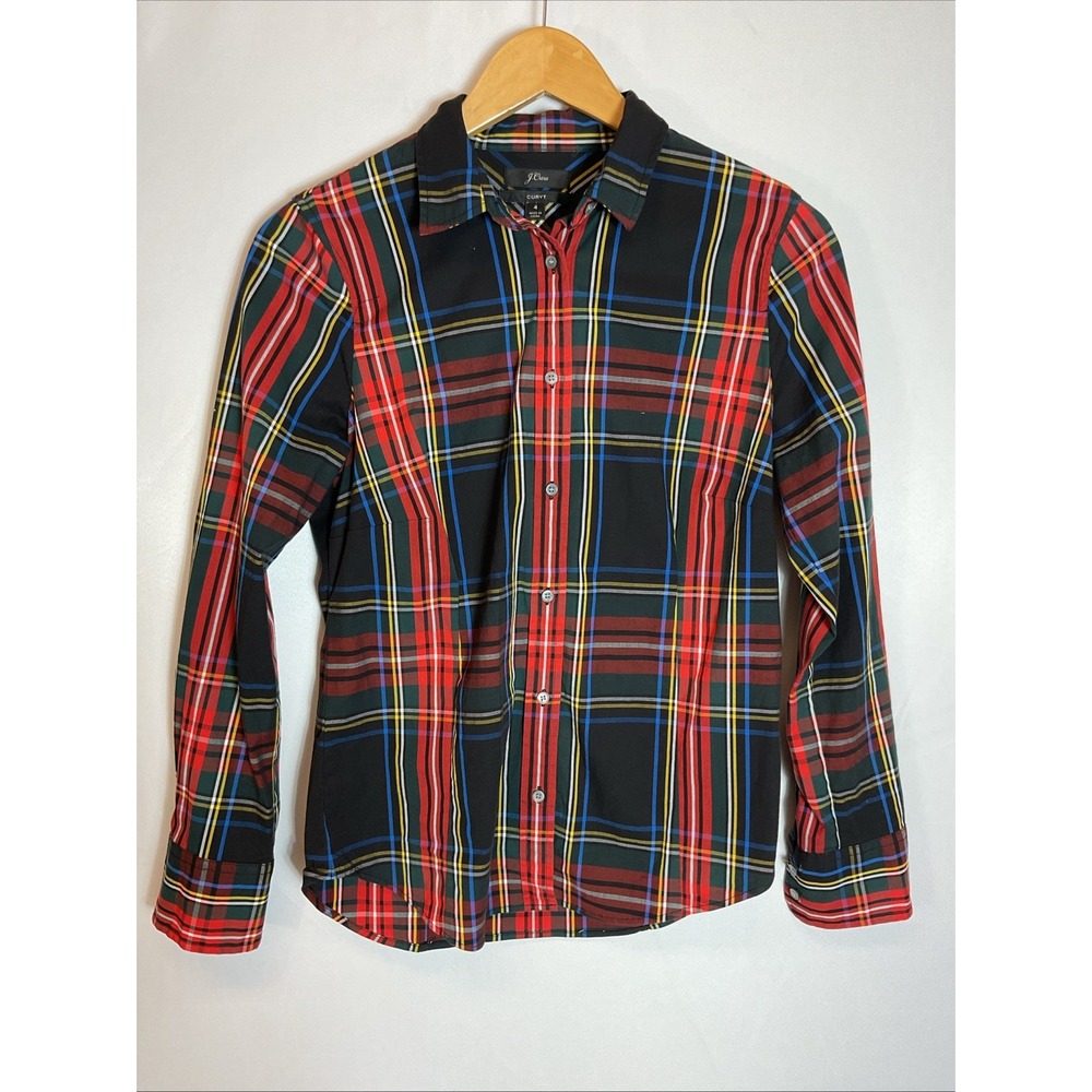 J. Crew Womens Tartan Holiday Black plaid Size 4‎ Curvy Button Down